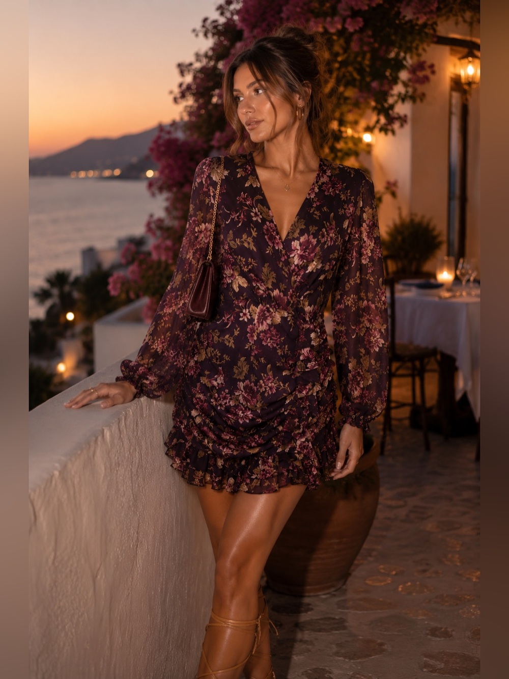 Express Purple Floral Print Faux Wrap Ruffle Mini Dress Size Medium